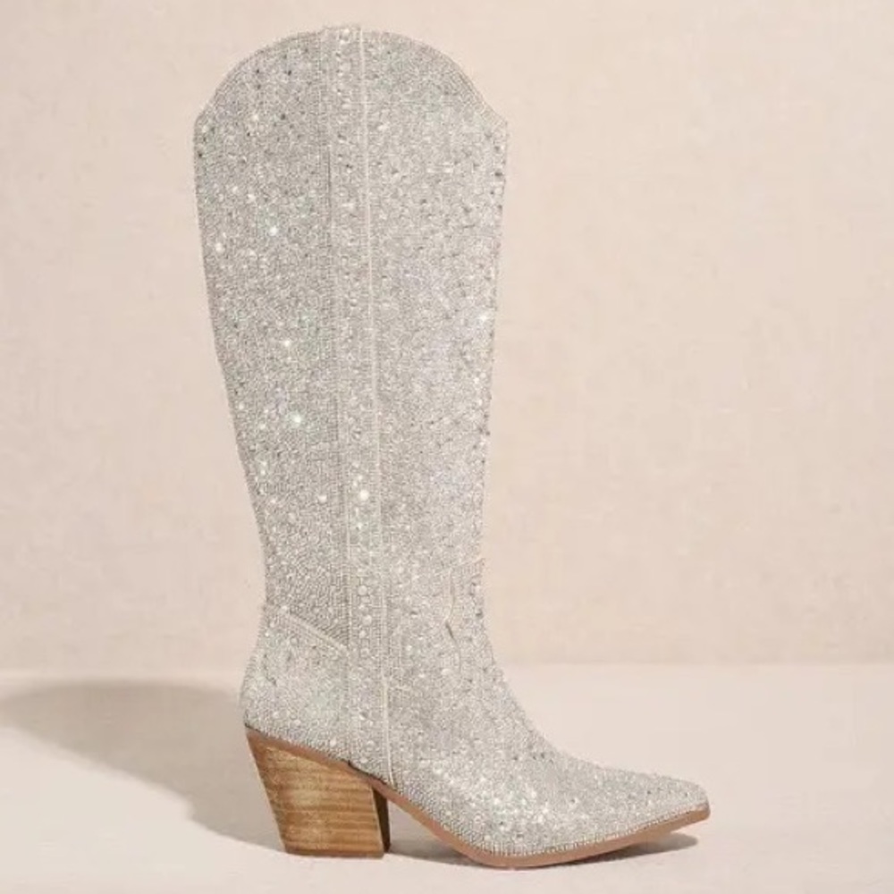 6.5 MIIM Nashville Silver Rhinestone Embellished Heeled Fashion Cowboy Boots - Picture 7 of 10